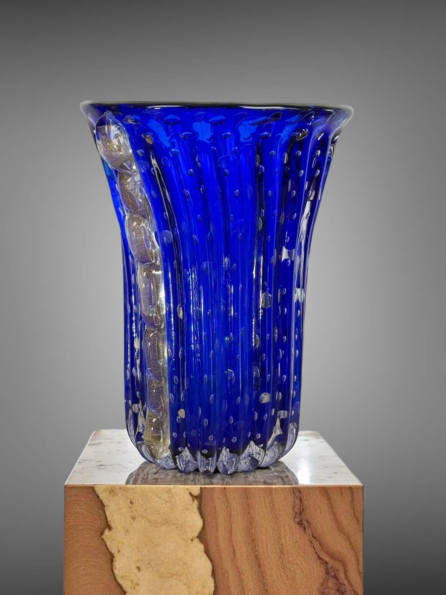 GRAND VASE EN VERRE BULLÉ BLEU A CÔTES DE MURANO SIGNÉ " MURANO TOZO " ANNÉE 30-photo-2