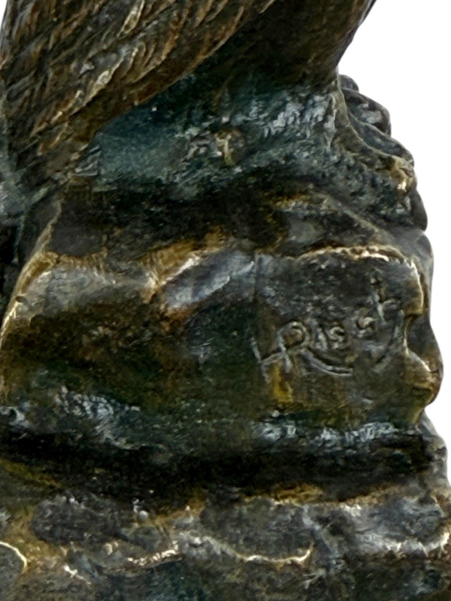 PORTE MONTRE EN BRONZE SIGNÉ H.RISCH REPRESENTANT UNE CHOUETTE ET SON SERPENT-photo-4