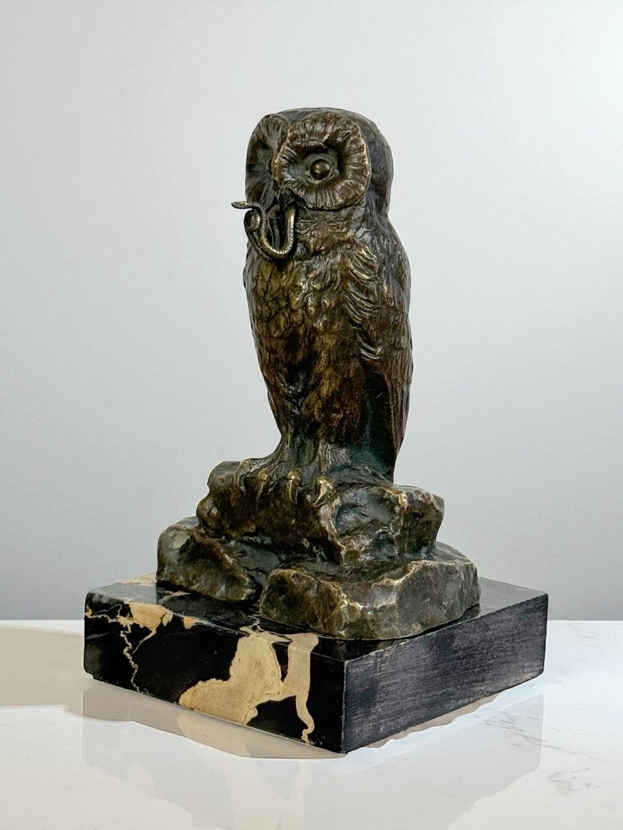 PORTE MONTRE EN BRONZE SIGNÉ H.RISCH REPRESENTANT UNE CHOUETTE ET SON SERPENT-photo-7