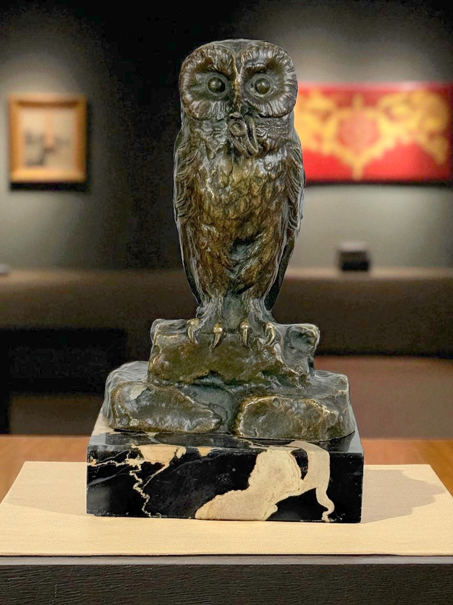 PORTE MONTRE EN BRONZE SIGNÉ H.RISCH REPRESENTANT UNE CHOUETTE ET SON SERPENT