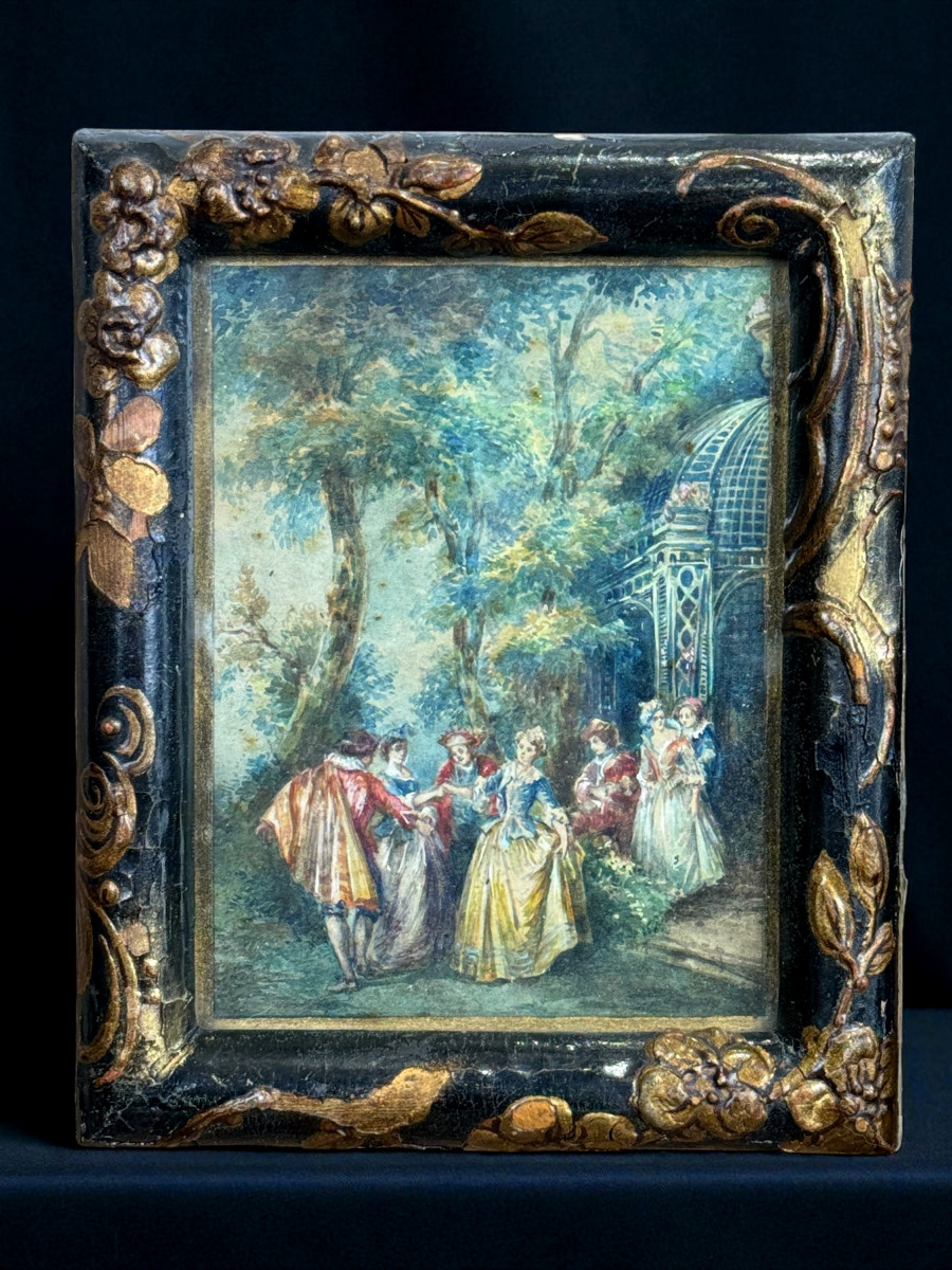 PAIRE D'AQUARELLES RÉHAUSSÉES À LA GOUACHE "SCÈNES GENRE DANS LE GOÛT FRAGONARD-photo-4