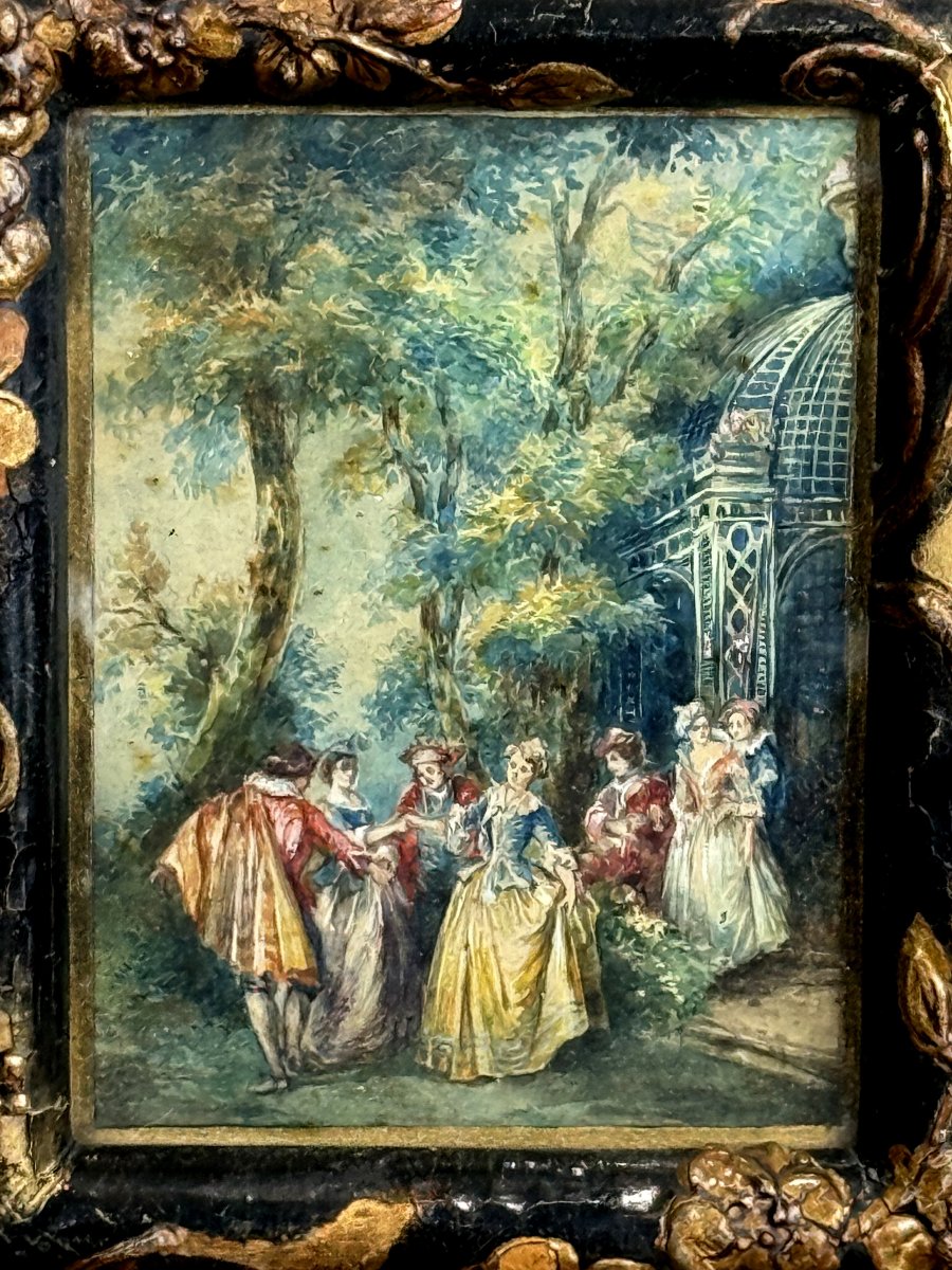 PAIRE D'AQUARELLES RÉHAUSSÉES À LA GOUACHE "SCÈNES GENRE DANS LE GOÛT FRAGONARD-photo-3