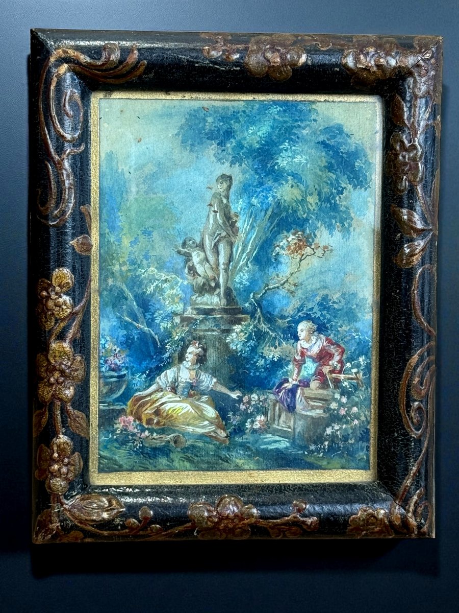 PAIRE D'AQUARELLES RÉHAUSSÉES À LA GOUACHE "SCÈNES GENRE DANS LE GOÛT FRAGONARD-photo-5