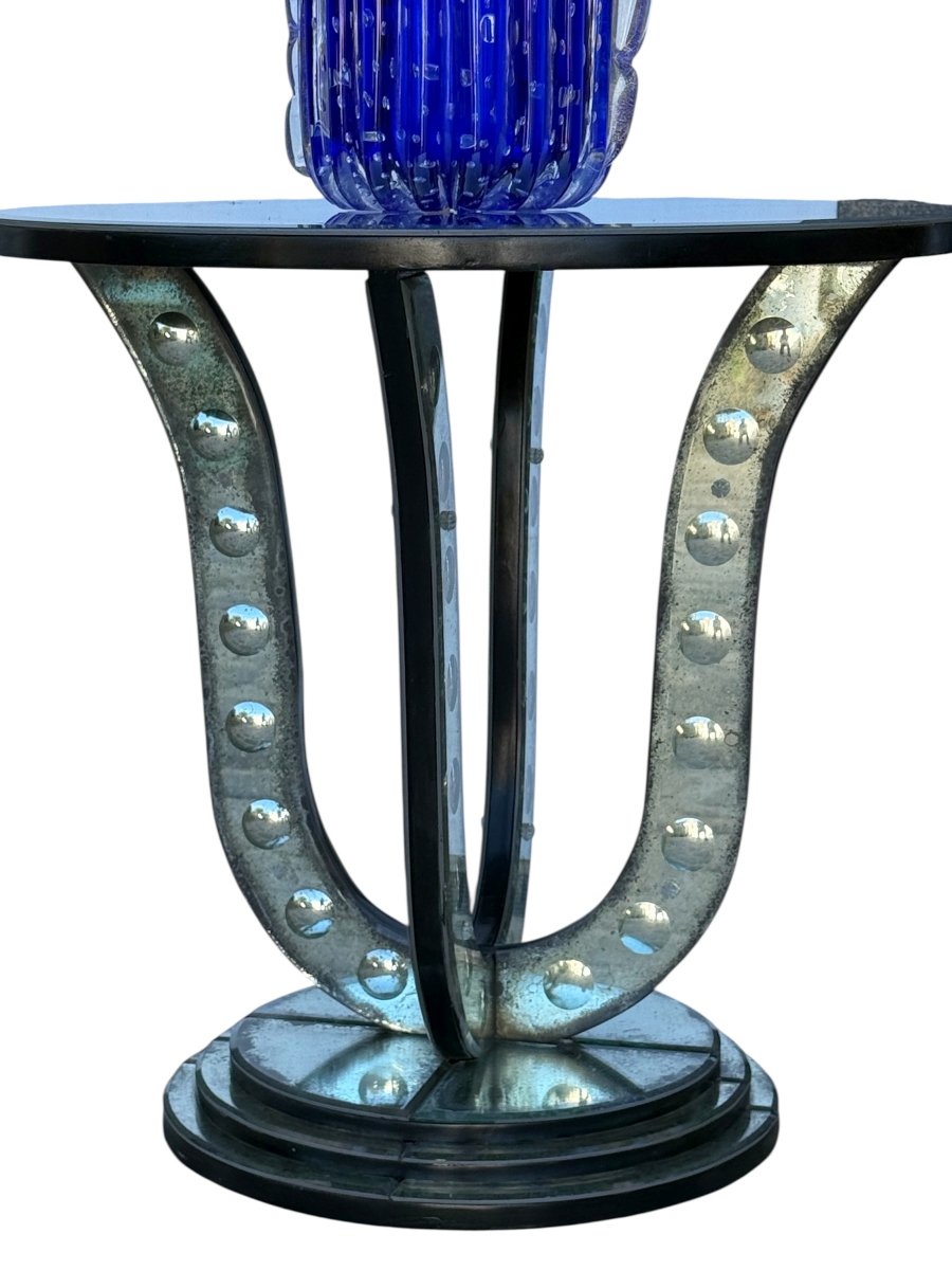 TABLE / GUÉRIDON EN VERRE VIEILLI A DÉCOR DE BULLES DES ANNÉES 70-photo-3