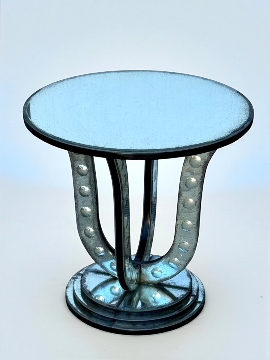 TABLE / GUÉRIDON EN VERRE VIEILLI A DÉCOR DE BULLES DES ANNÉES 70-photo-4
