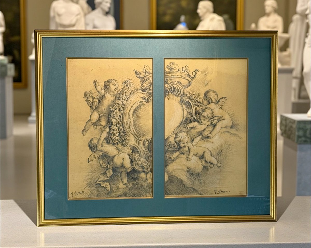 Old 19th Century Drawing Under Glass "group Of Angels" Signed M. Gaudier-photo-2