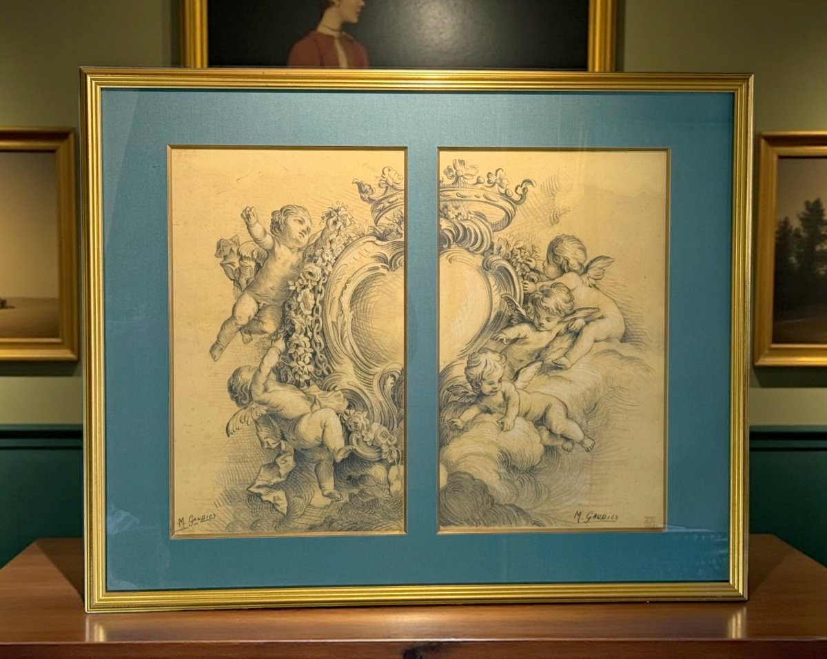 Old 19th Century Drawing Under Glass "group Of Angels" Signed M. Gaudier-photo-3