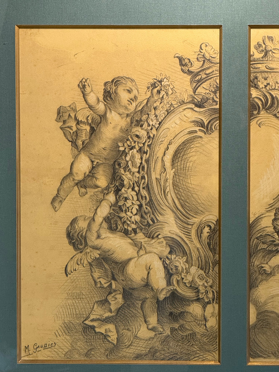 Old 19th Century Drawing Under Glass "group Of Angels" Signed M. Gaudier-photo-4