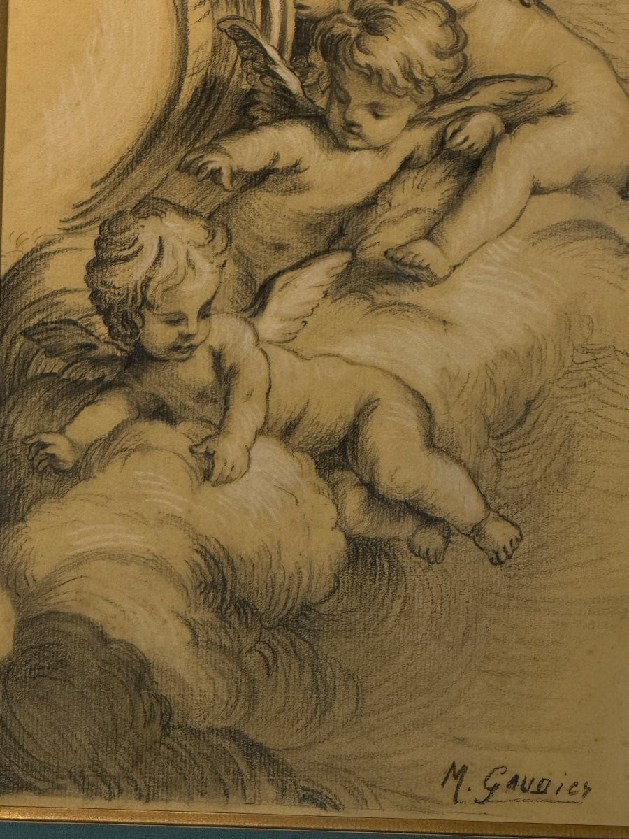 Old 19th Century Drawing Under Glass "group Of Angels" Signed M. Gaudier-photo-6