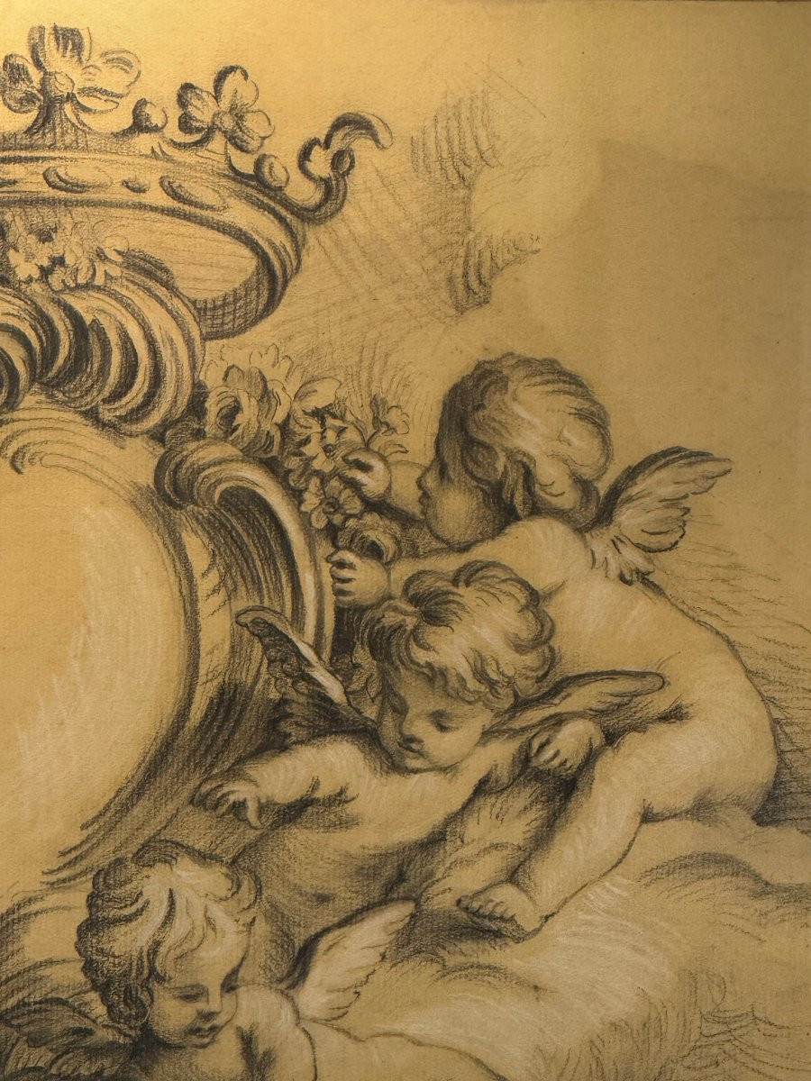Old 19th Century Drawing Under Glass "group Of Angels" Signed M. Gaudier-photo-7