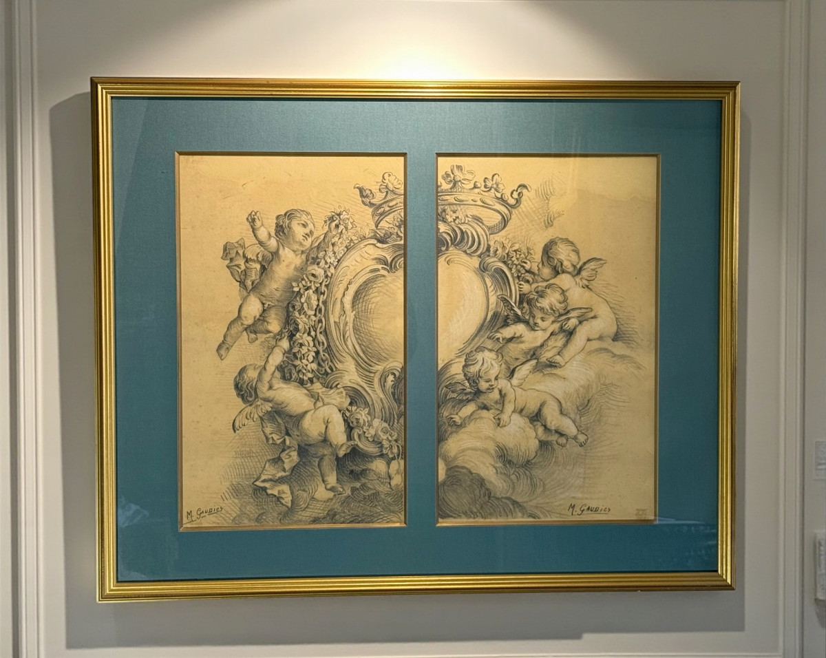 Old 19th Century Drawing Under Glass "group Of Angels" Signed M. Gaudier