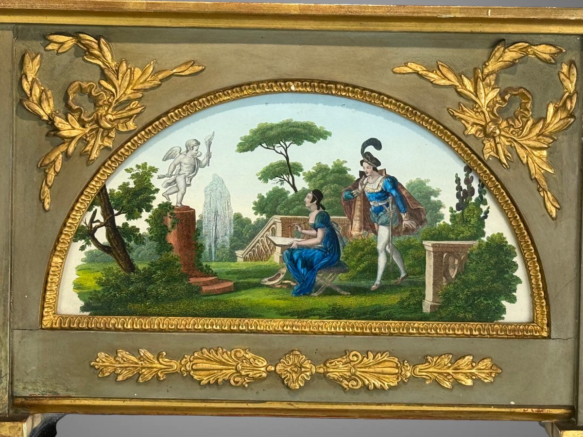 MIROIR ANCIEN A MONTANTS TORSADÉS DORÉ AVEC UN FIXÉ SOUS VERRE " SCÈNE ROMANTIQUE "-photo-4