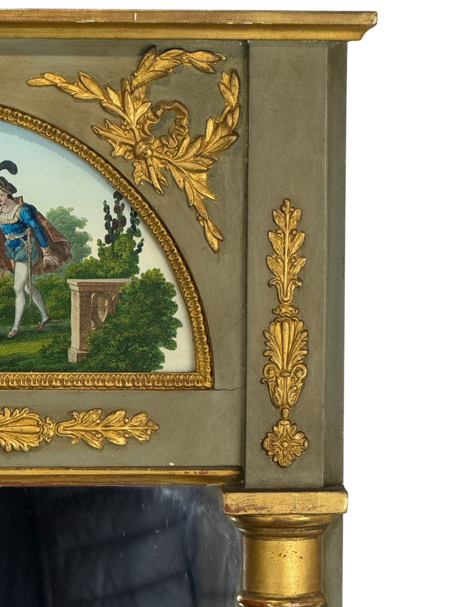 MIROIR ANCIEN A MONTANTS TORSADÉS DORÉ AVEC UN FIXÉ SOUS VERRE " SCÈNE ROMANTIQUE "-photo-4