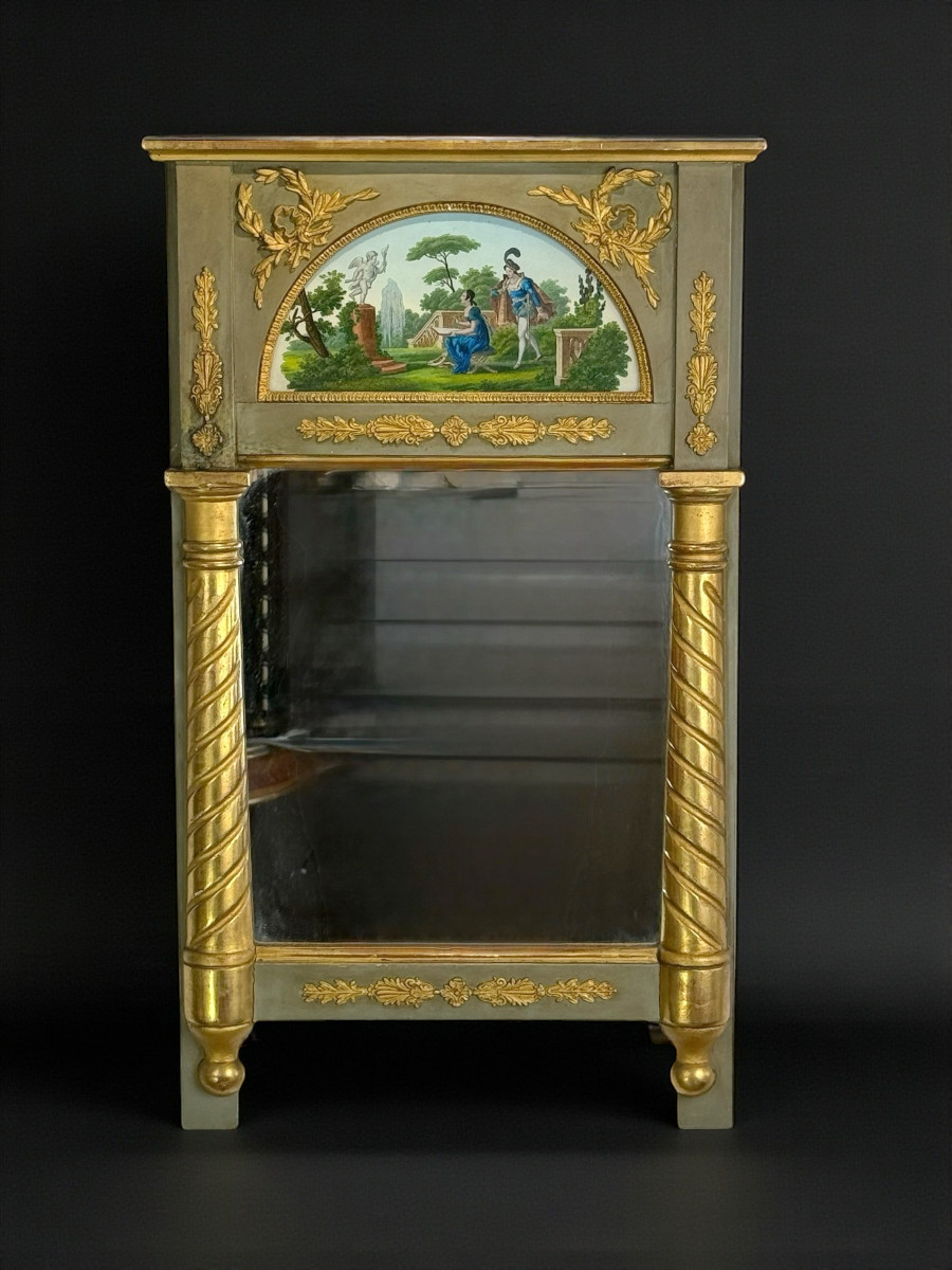 MIROIR ANCIEN A MONTANTS TORSADÉS DORÉ AVEC UN FIXÉ SOUS VERRE " SCÈNE ROMANTIQUE "