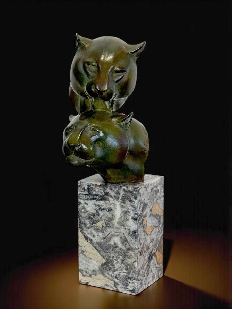 Bronze By Irenée Rochard (1906-1984) With Green Patina "two Lioness Heads"-photo-2