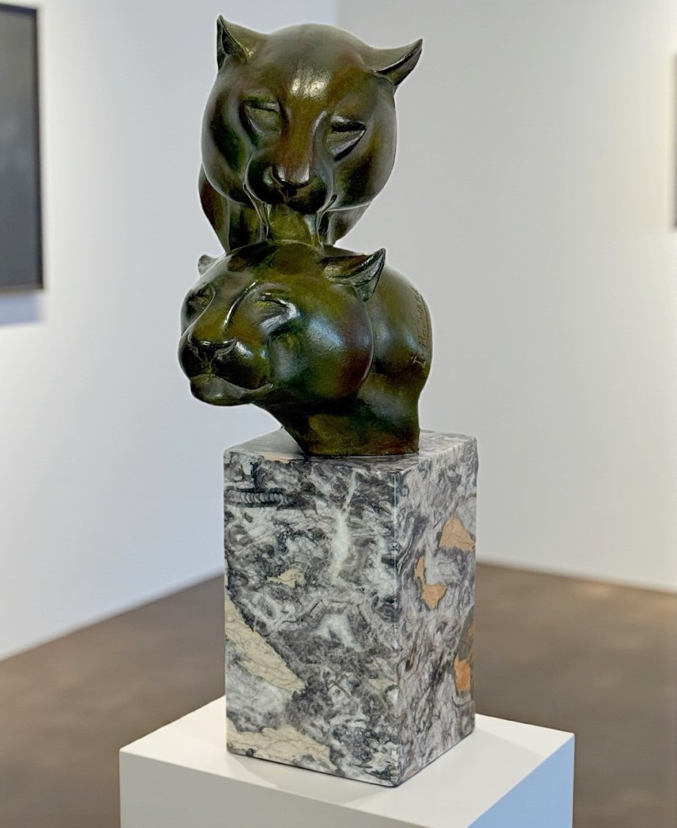 Bronze By Irenée Rochard (1906-1984) With Green Patina "two Lioness Heads"-photo-4