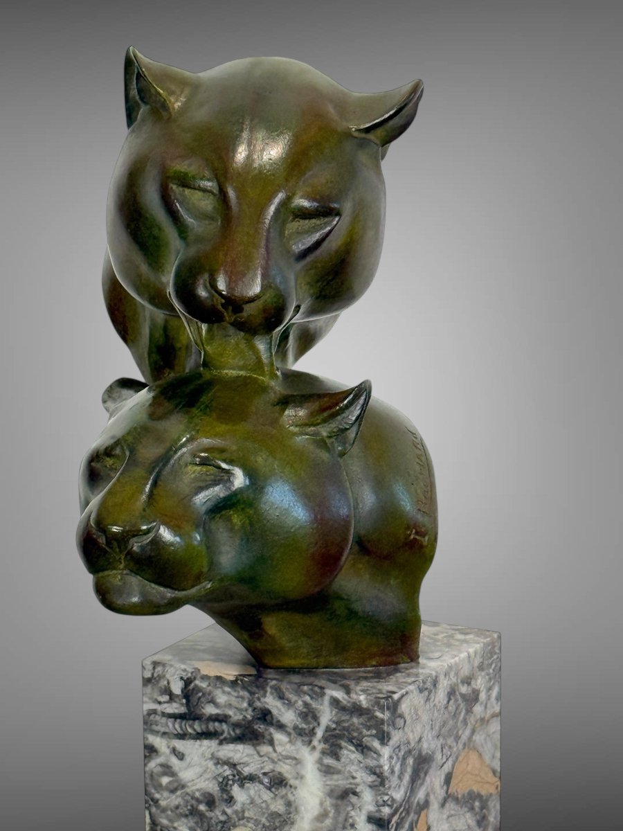 Bronze By Irenée Rochard (1906-1984) With Green Patina "two Lioness Heads"-photo-1