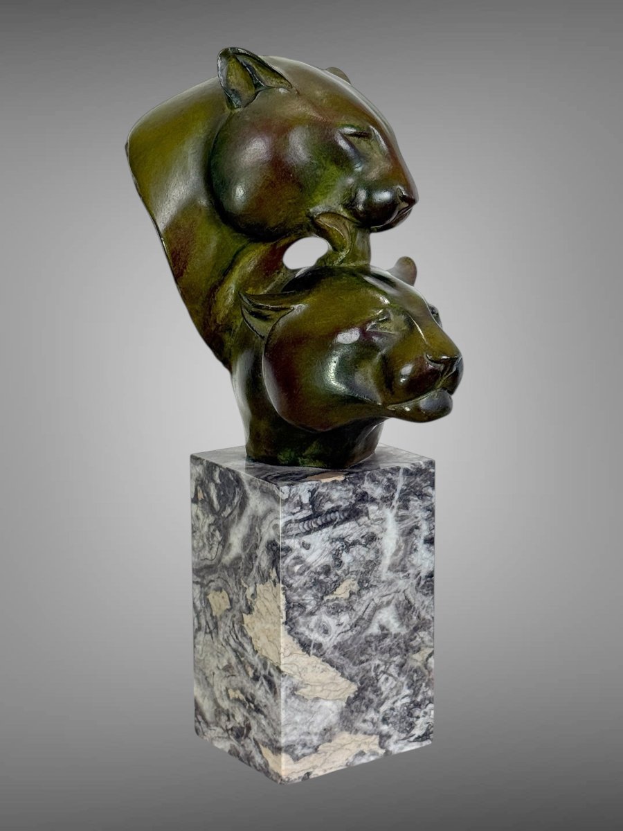 Bronze By Irenée Rochard (1906-1984) With Green Patina "two Lioness Heads"-photo-2
