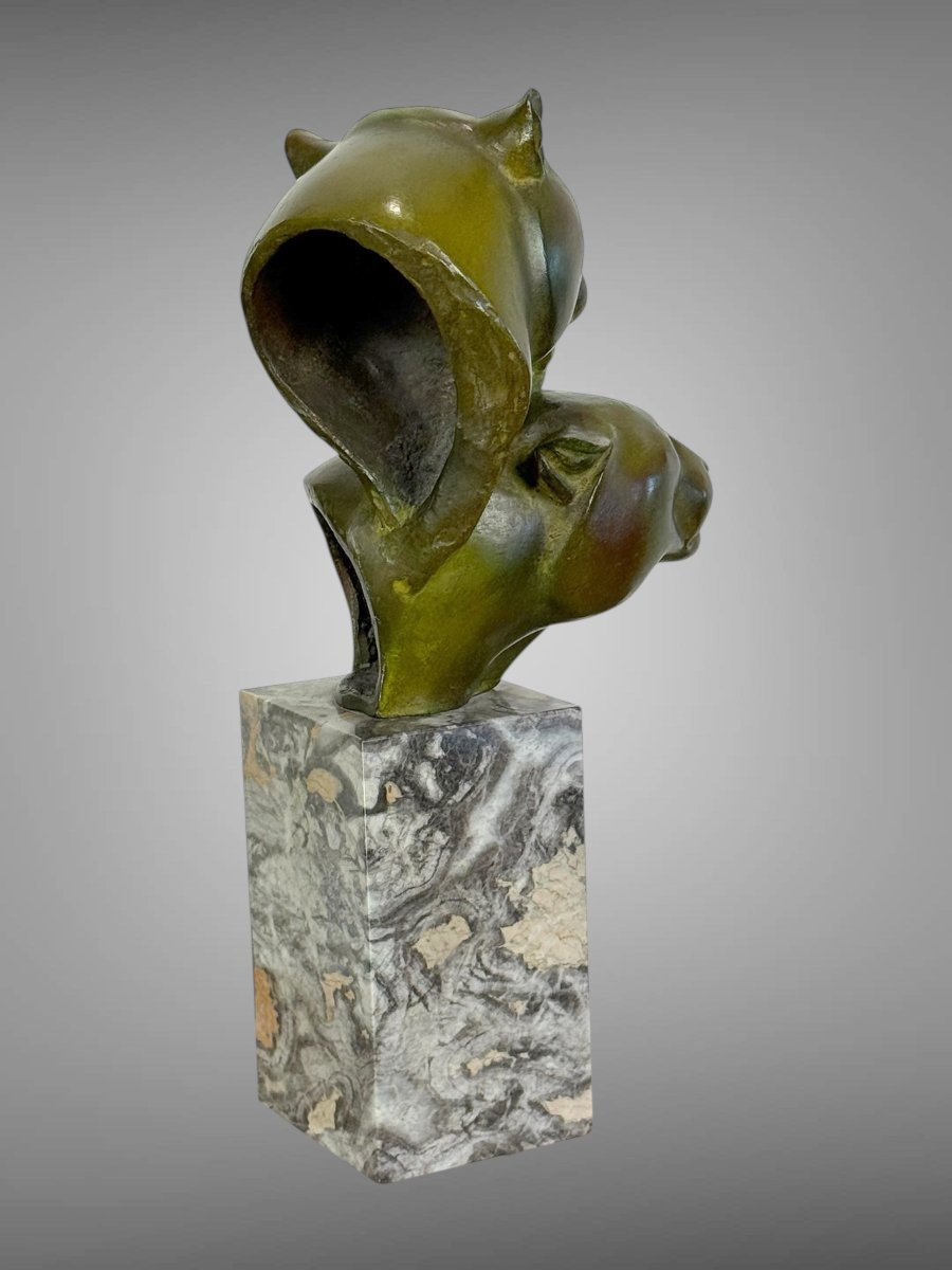 Bronze By Irenée Rochard (1906-1984) With Green Patina "two Lioness Heads"-photo-3