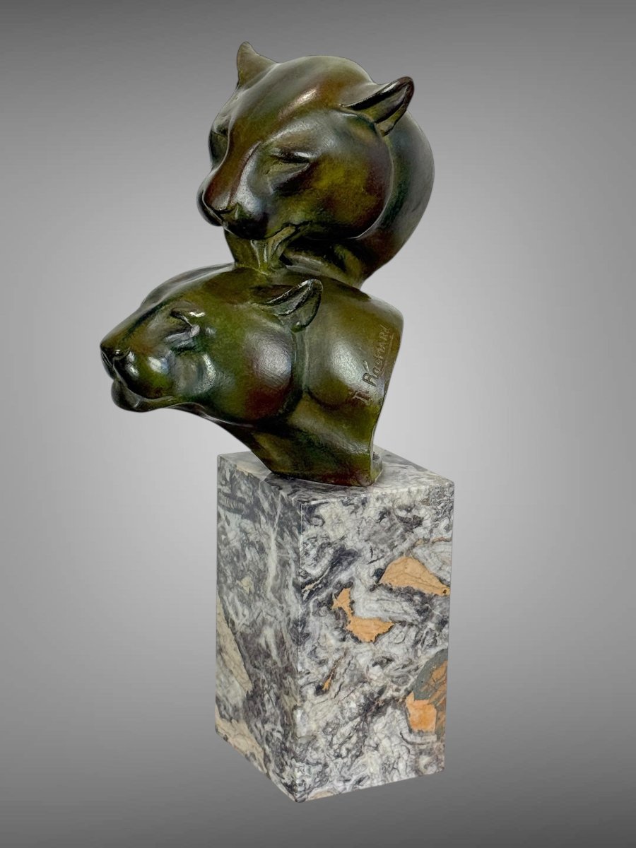 Bronze By Irenée Rochard (1906-1984) With Green Patina "two Lioness Heads"-photo-4