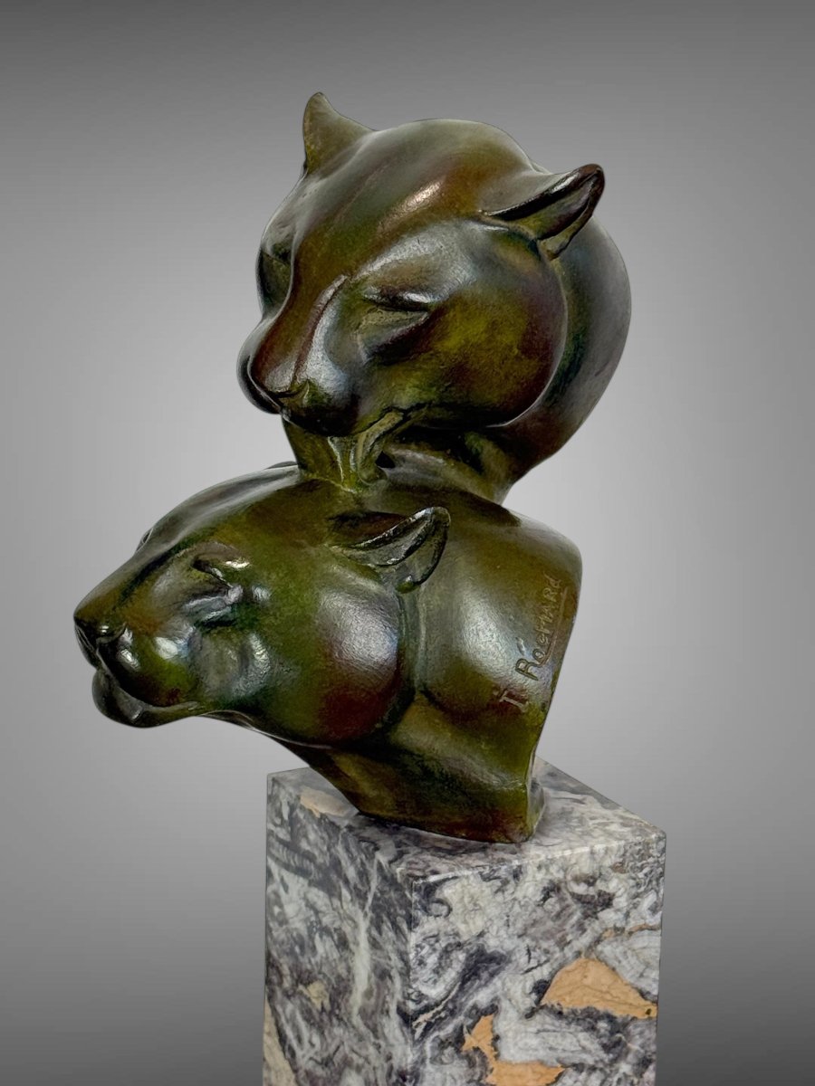 Bronze By Irenée Rochard (1906-1984) With Green Patina "two Lioness Heads"-photo-6