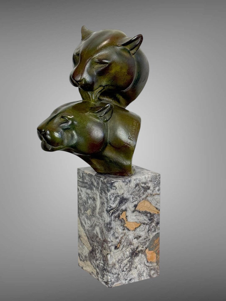 Bronze By Irenée Rochard (1906-1984) With Green Patina "two Lioness Heads"-photo-7