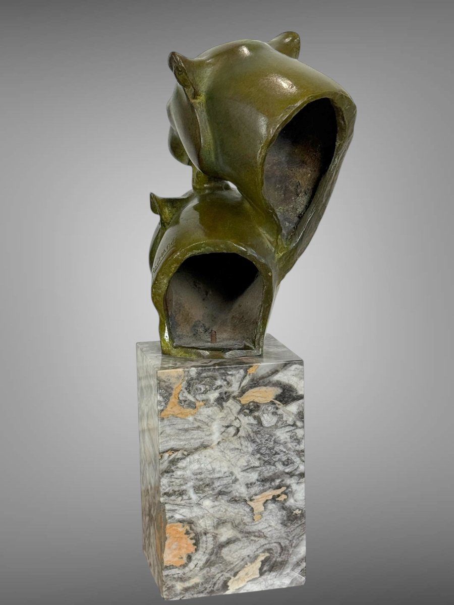 Bronze By Irenée Rochard (1906-1984) With Green Patina "two Lioness Heads"-photo-8