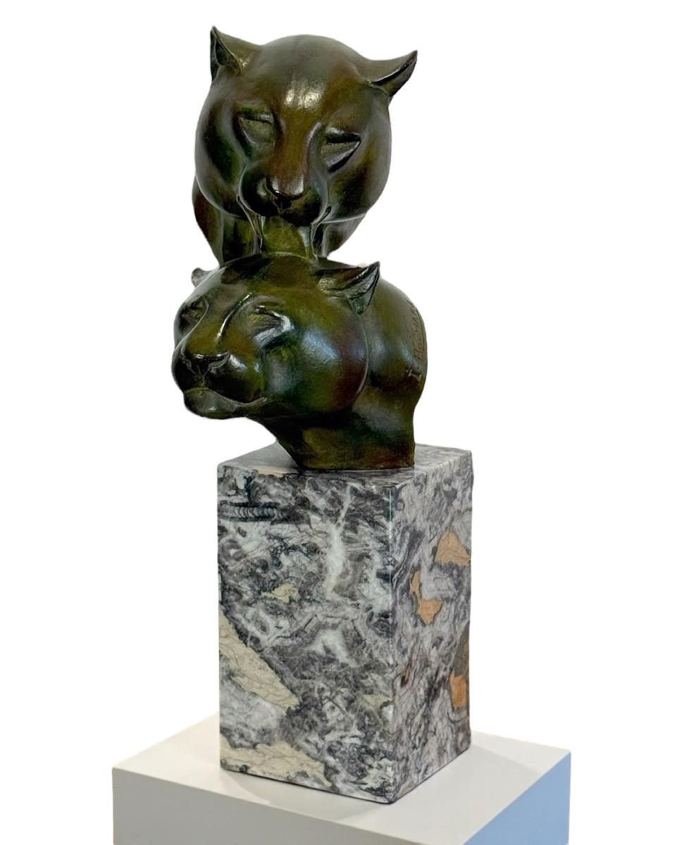 Bronze By Irenée Rochard (1906-1984) With Green Patina "two Lioness Heads"