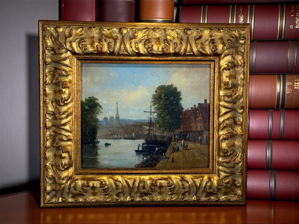 TABLEAU SIGNÉ GERARD ROUX / HUILE SUR PANNEAU " SCENE DE BORDDE SEINE A PARIS " -photo-3