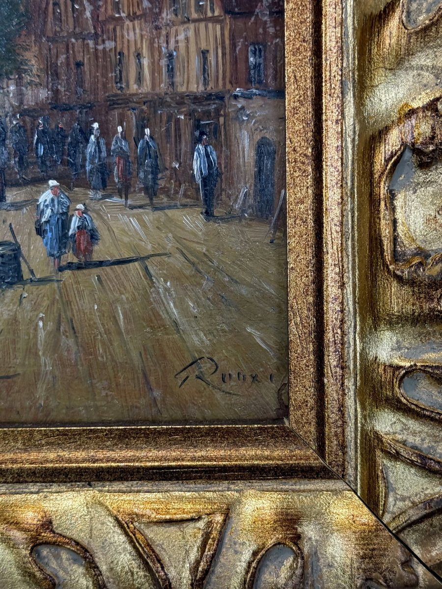 TABLEAU SIGNÉ GERARD ROUX / HUILE SUR PANNEAU " SCENE DE BORDDE SEINE A PARIS " -photo-4