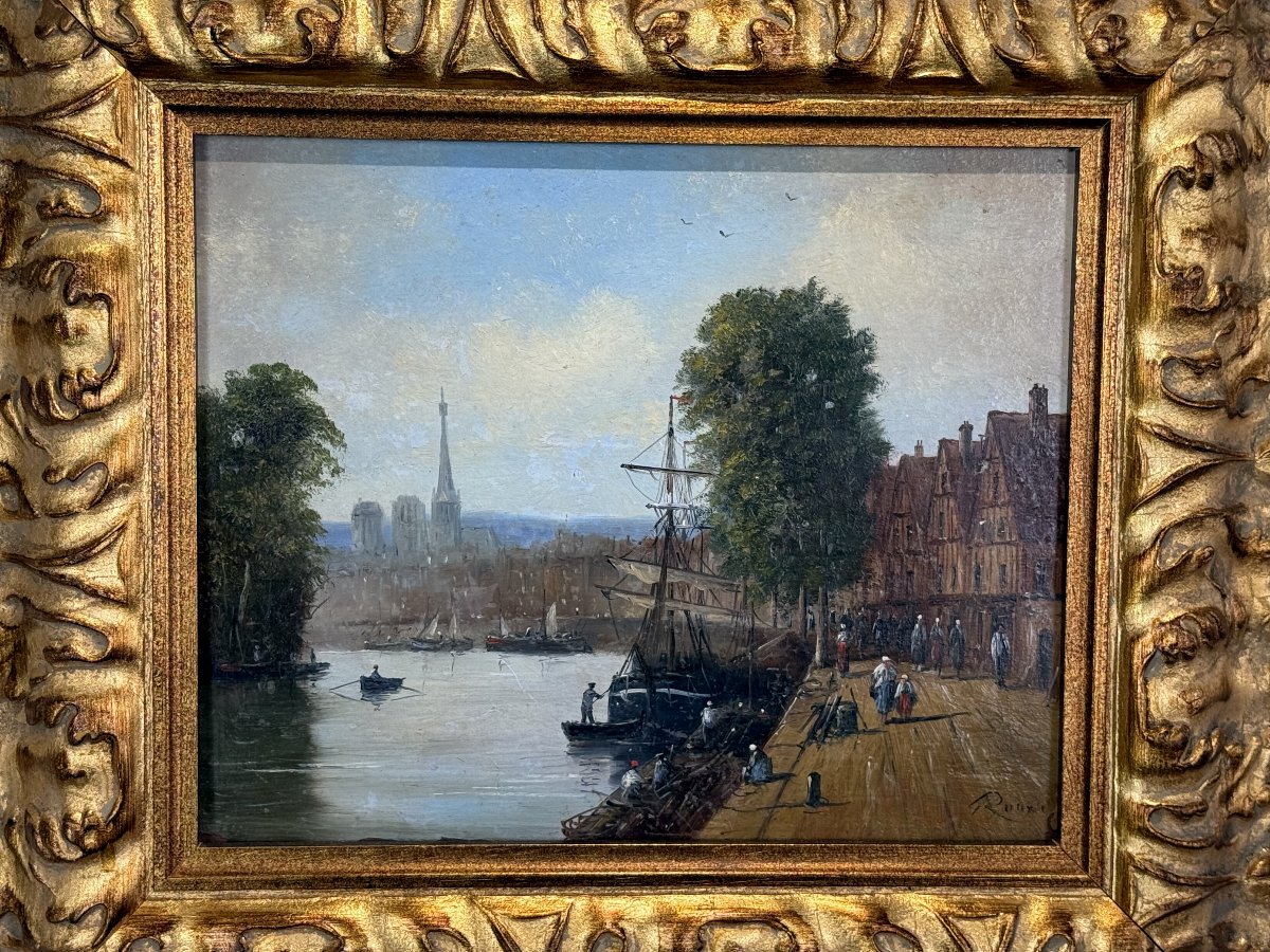 TABLEAU SIGNÉ GERARD ROUX / HUILE SUR PANNEAU " SCENE DE BORDDE SEINE A PARIS " -photo-5