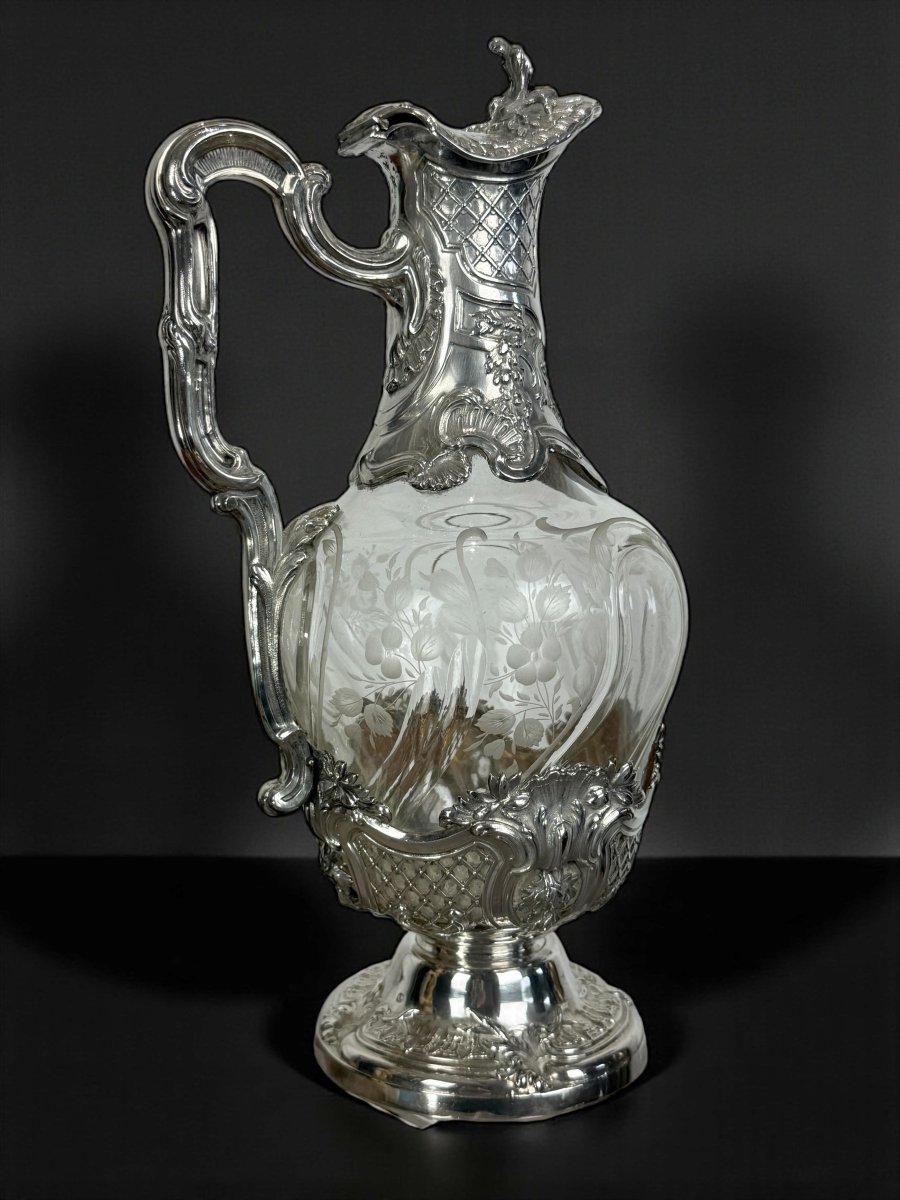 Solid Silver And Crystal Ewer / Carafe 1880 Master Silversmith édouard Ernie-photo-3