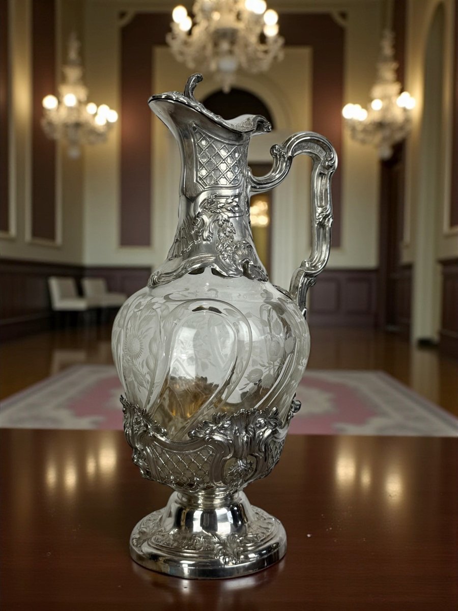 Solid Silver And Crystal Ewer / Carafe 1880 Master Silversmith édouard Ernie-photo-4