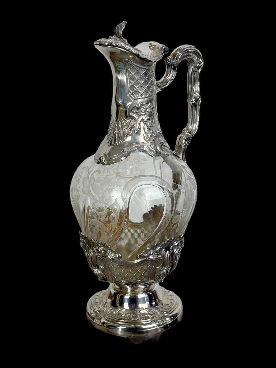 Solid Silver And Crystal Ewer / Carafe 1880 Master Silversmith édouard Ernie-photo-2