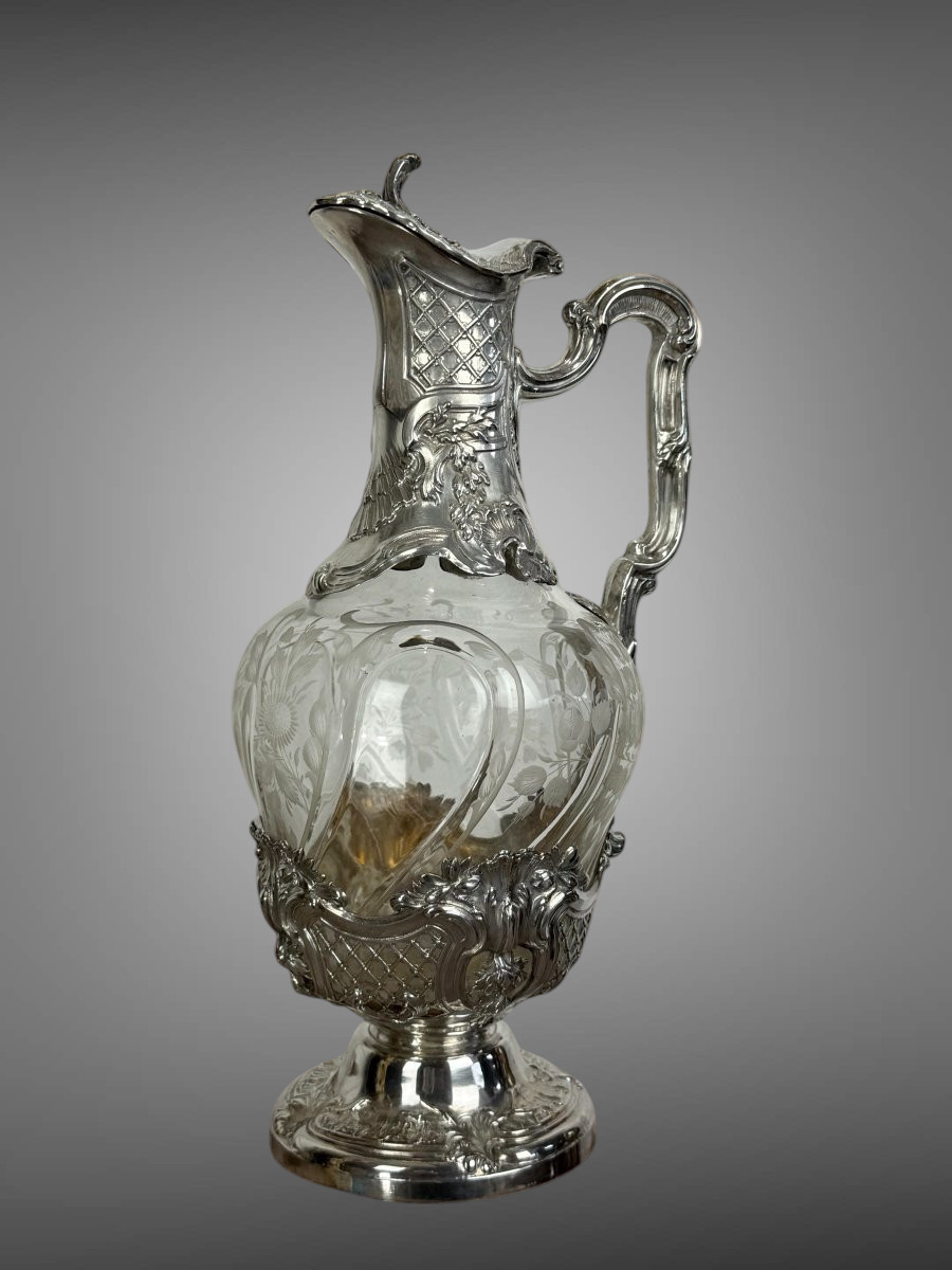Solid Silver And Crystal Ewer / Carafe 1880 Master Silversmith édouard Ernie-photo-4