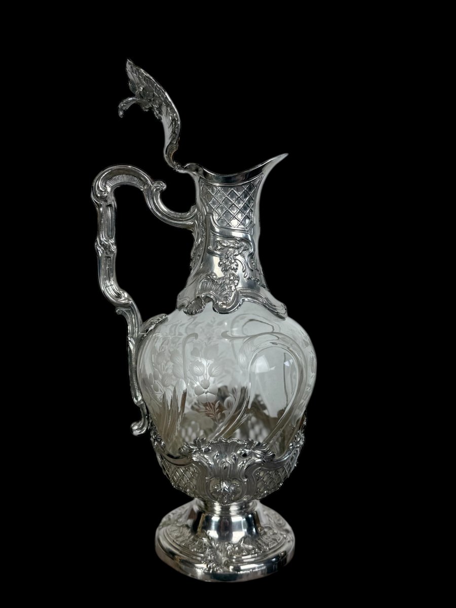 Solid Silver And Crystal Ewer / Carafe 1880 Master Silversmith édouard Ernie-photo-4