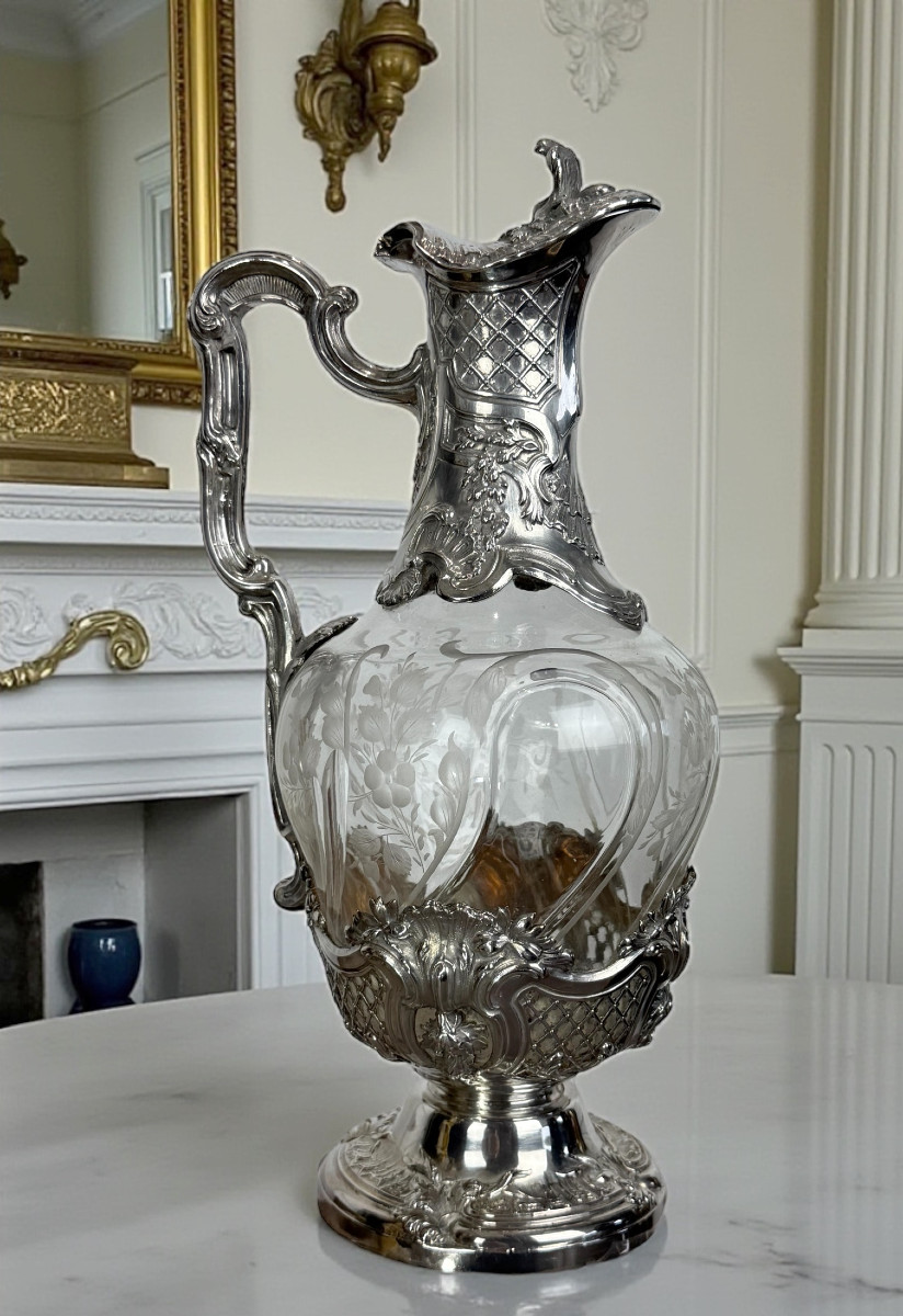 Solid Silver And Crystal Ewer / Carafe 1880 Master Silversmith édouard Ernie