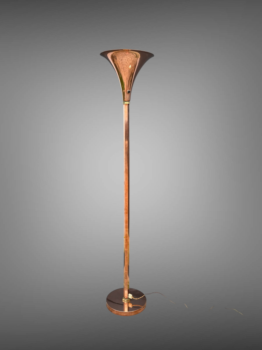 LAMPADAIRE ITALIEN DES ANNÉES 30 EPOQUE ART DECO EN CUIVRE ET LAITON DE 175 CM DE HAUT 