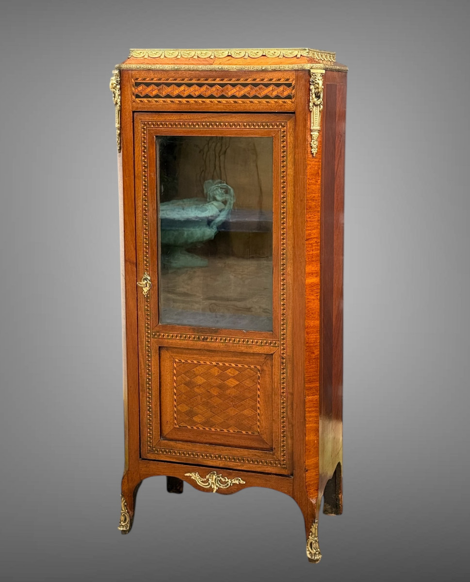 Small Marquetry Display Cabinet Decorated With Bronze From The 19th Century In The Louis XV Style