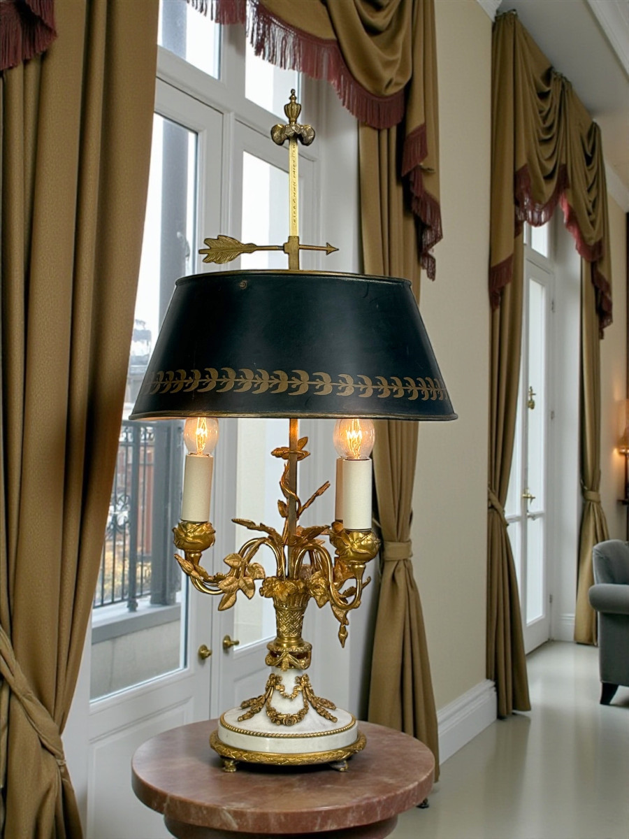 LAMPE BOUILLOTTE XIXe EN MARBRE ET BRONZE DORÉ DE STYLE LOUIS XVI A 3 LUMIERES-photo-2