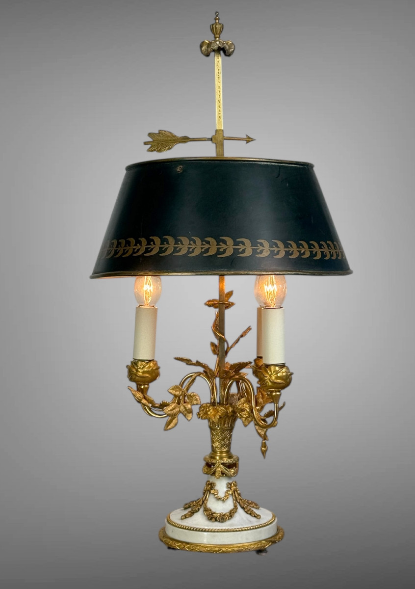 LAMPE BOUILLOTTE XIXe EN MARBRE ET BRONZE DORÉ DE STYLE LOUIS XVI A 3 LUMIERES-photo-4
