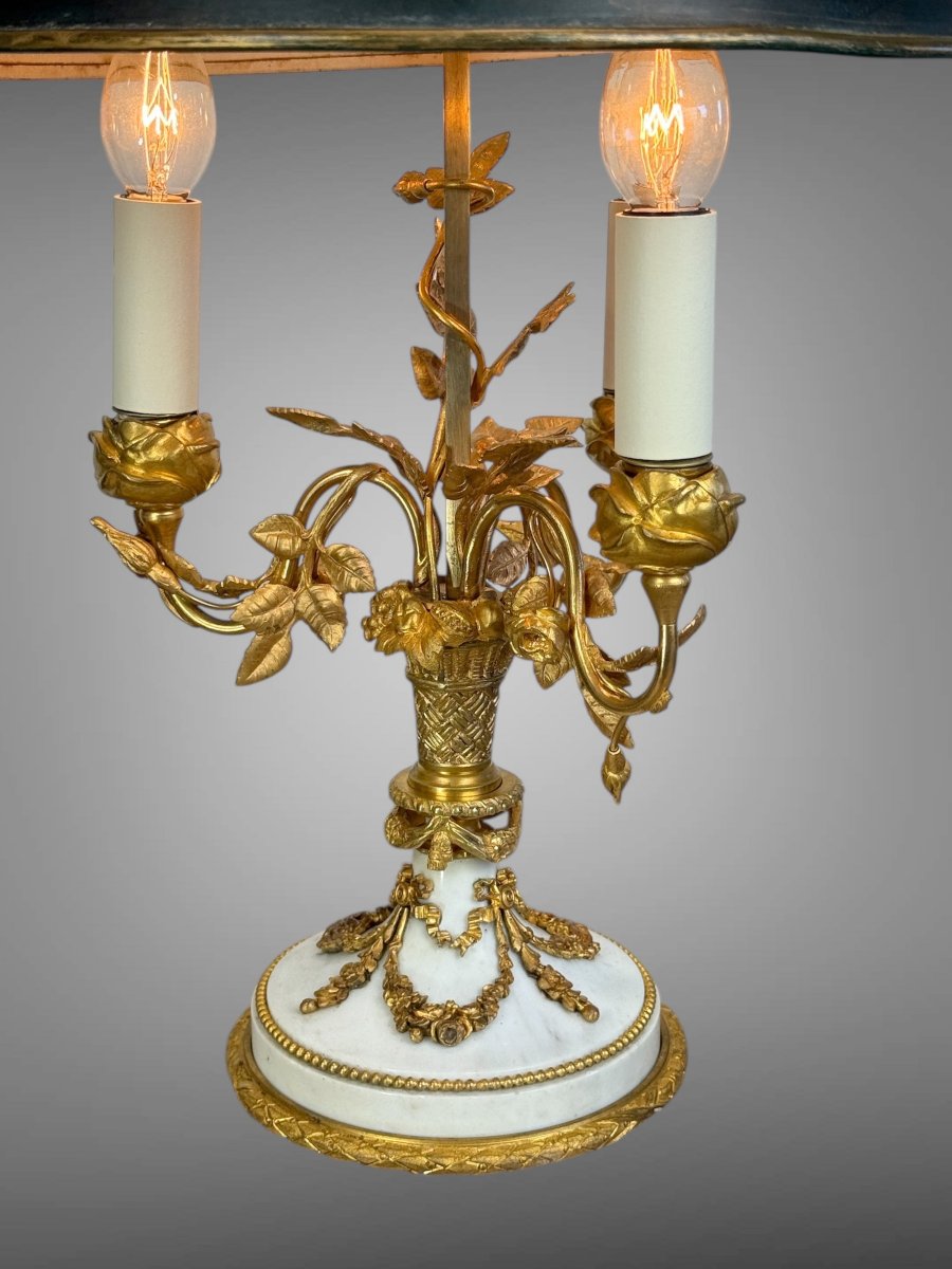 LAMPE BOUILLOTTE XIXe EN MARBRE ET BRONZE DORÉ DE STYLE LOUIS XVI A 3 LUMIERES-photo-2