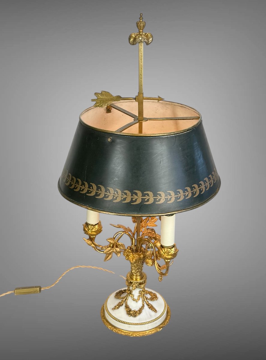 LAMPE BOUILLOTTE XIXe EN MARBRE ET BRONZE DORÉ DE STYLE LOUIS XVI A 3 LUMIERES-photo-3