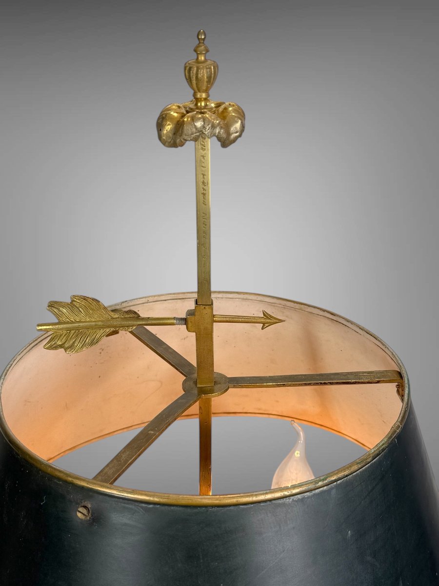 LAMPE BOUILLOTTE XIXe EN MARBRE ET BRONZE DORÉ DE STYLE LOUIS XVI A 3 LUMIERES-photo-4