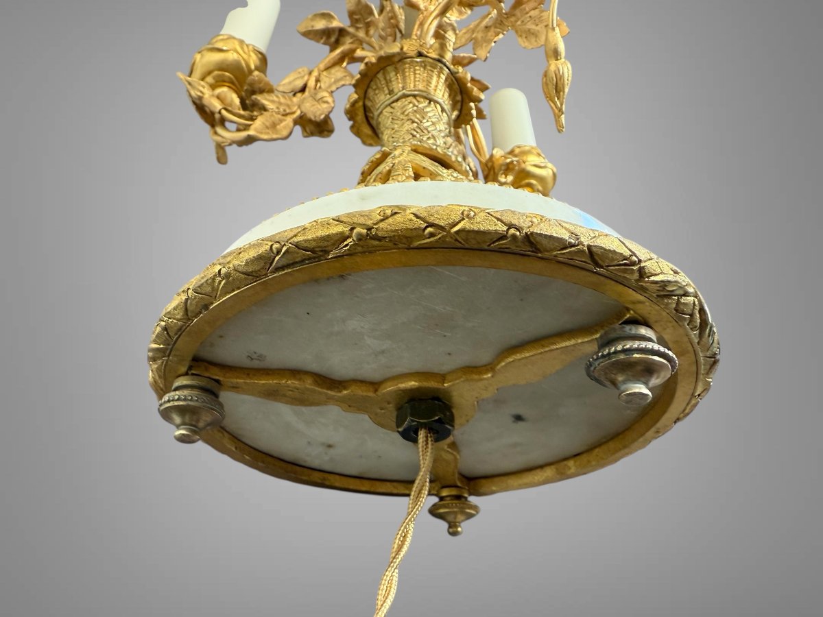 LAMPE BOUILLOTTE XIXe EN MARBRE ET BRONZE DORÉ DE STYLE LOUIS XVI A 3 LUMIERES-photo-6