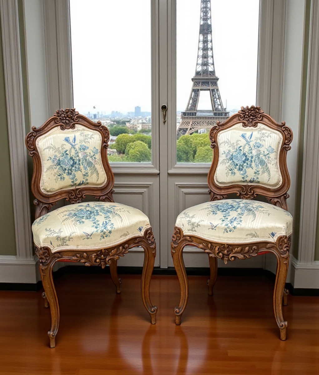 PAIRE DE CHAISES ANCIENNES DES ANNÉES 1900 DE STYLE LOUIS XV EN CHÊNE SCULPTÉ-photo-2