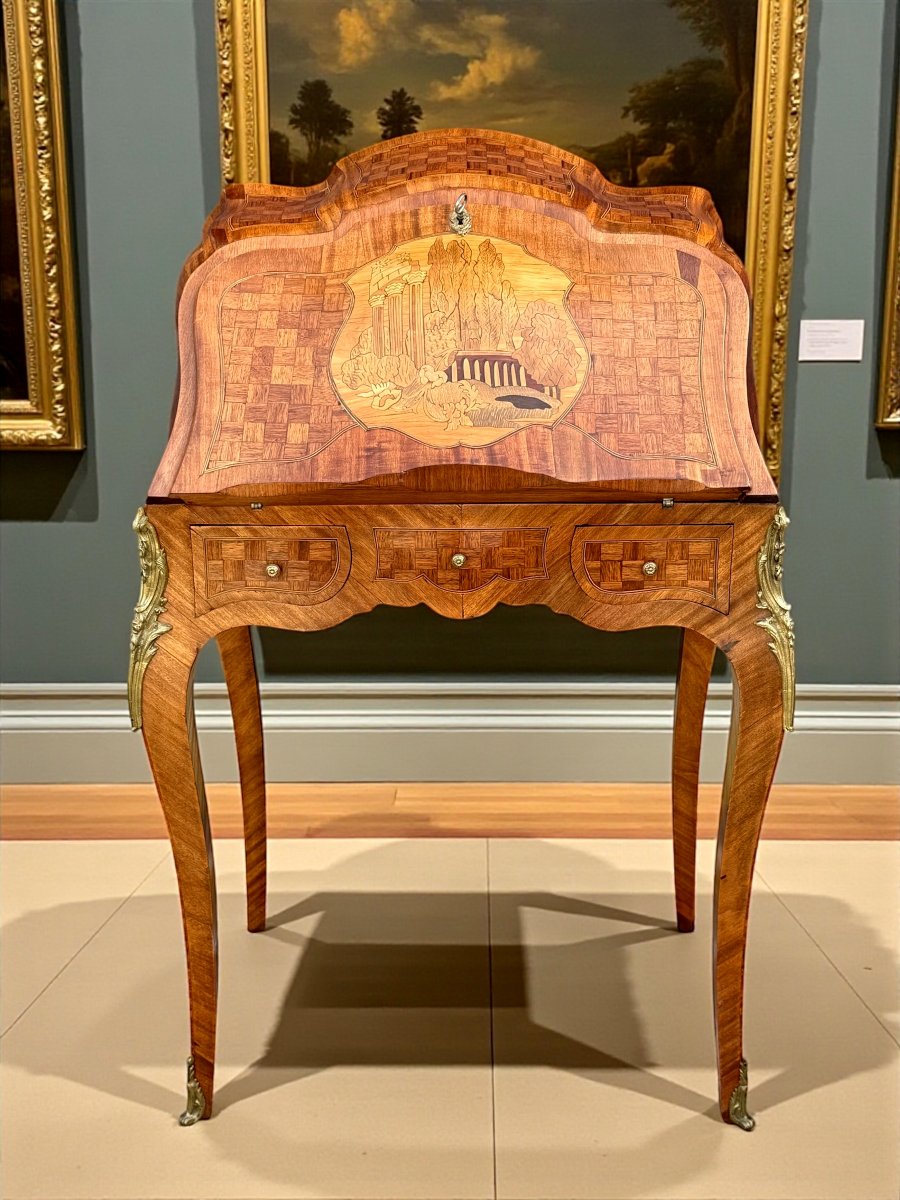 19th Century Louis XV Style Marquetry Desk With Caprice Architectural Decor-photo-2