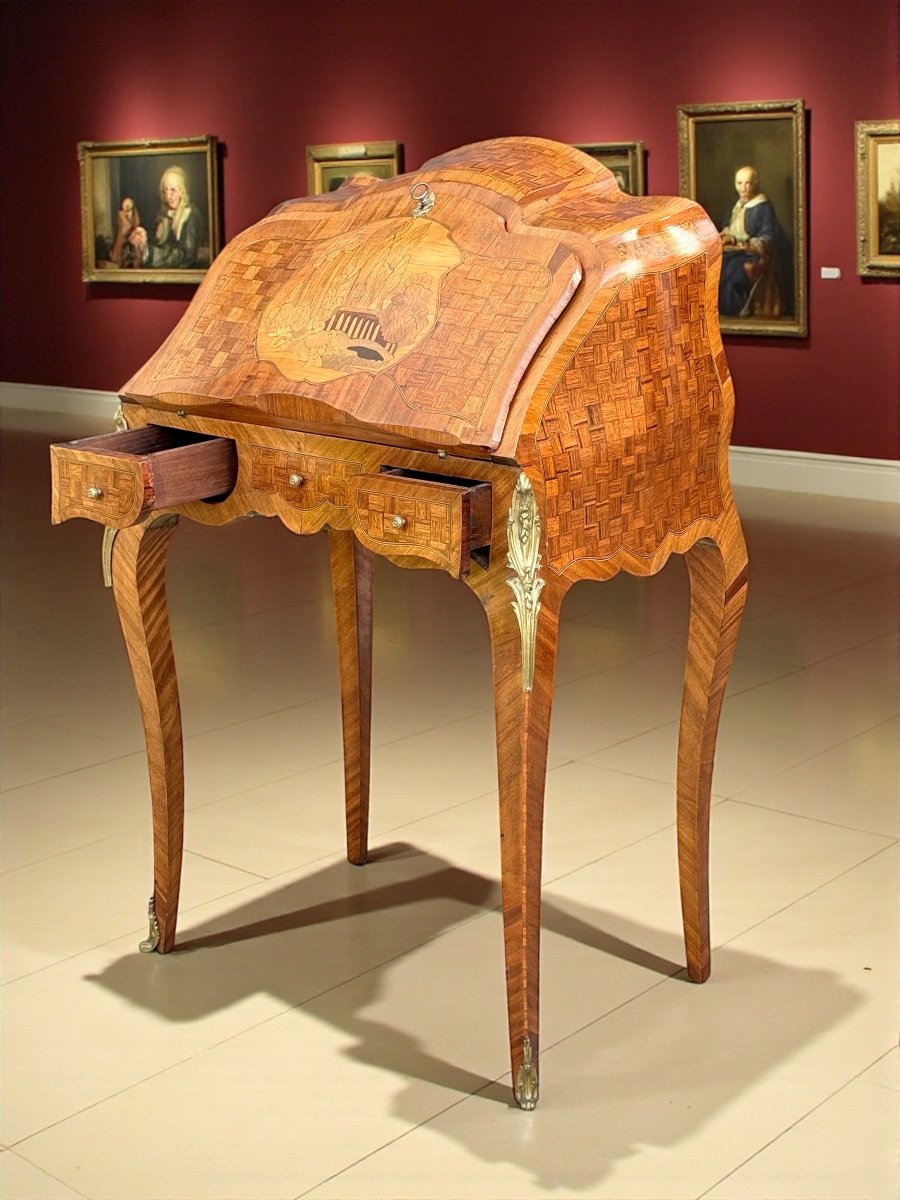19th Century Louis XV Style Marquetry Desk With Caprice Architectural Decor-photo-4