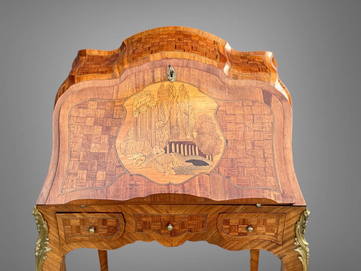 19th Century Louis XV Style Marquetry Desk With Caprice Architectural Decor-photo-8