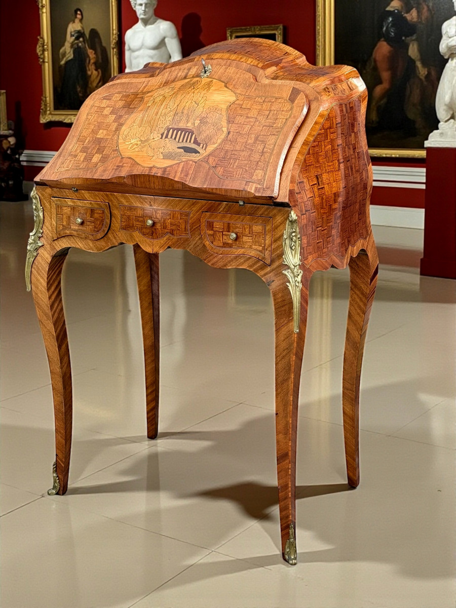 19th Century Louis XV Style Marquetry Desk With Caprice Architectural Decor